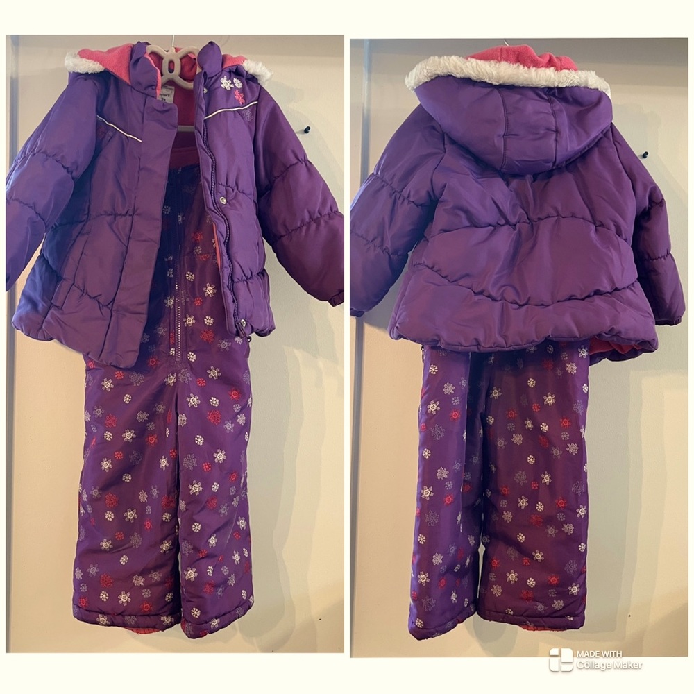 Carter's Toddler Girls Pink Purple Fleece Lined Snowsuit Jacket Bib Pants 3T